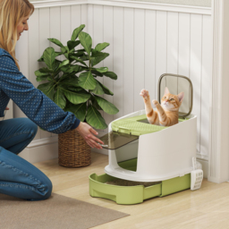 PawHut Cat Litter Box with Lid, Scoop, Deodorisation Bags, Top Entry, Green - thumbnail 2