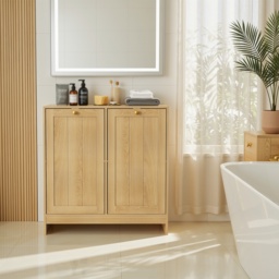 Waterproof Oak Bathroom Cabinet with Towel Rack, Space-Saving Wall-Mounted Vanity for Bathroom Laundry Kitchen, 60L x 20W x 70H cm, Oak - Aosom UK - thumbnail 7