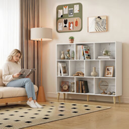 HOMCOM 10-Cube Bookcase, 3-Tier Book Shelf with Solid Wood Legs, 140 cm Modern Bookshelf with Anti-Tip Kit for Bedroom, White - thumbnail 9