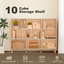 HOMCOM 10-Cube Bookcase, 3-Tier Book Shelf with Solid Wood Legs, 140 cm Modern Bookshelf with Anti-Tip Kit for Bedroom, White - thumbnail 4