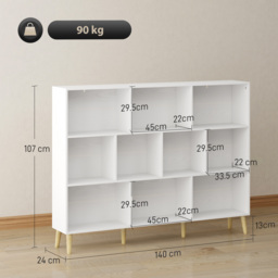 HOMCOM 10-Cube Bookcase, 3-Tier Book Shelf with Solid Wood Legs, 140 cm Modern Bookshelf with Anti-Tip Kit for Bedroom, White - thumbnail 3