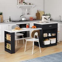 Versatile Kitchen Island with Extendable Dining Table and Adjustable Shelf, Space-Saving Table for 2-6 People, 211L x 55W x 89.5H cm, Black - Aosom UK - thumbnail 9