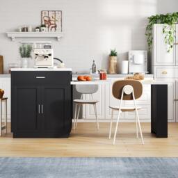 Versatile Kitchen Island with Extendable Dining Table and Adjustable Shelf, Space-Saving Table for 2-6 People, 211L x 55W x 89.5H cm, Black - Aosom UK - thumbnail 1