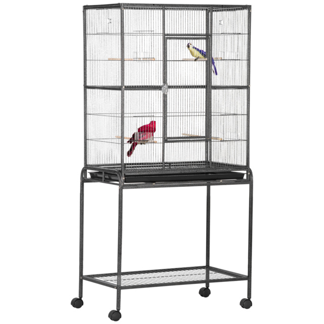 PawHut Avian Abode: Wheeled Metal Cage for Canaries & Parakeets, Wooden Perch, Feeder Tray, Jet Black - Aosom UK - image 1