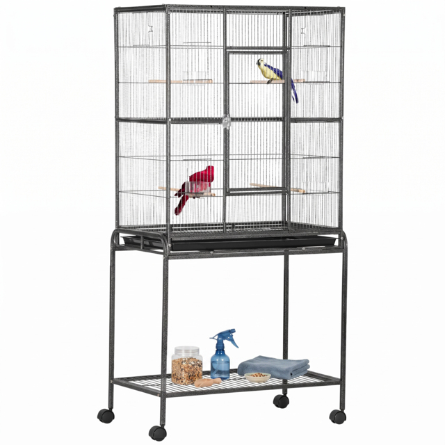PawHut Avian Abode: Wheeled Metal Cage for Canaries & Parakeets, Wooden Perch, Feeder Tray, Jet Black - Aosom UK - image 1