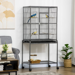 PawHut Avian Abode: Wheeled Metal Cage for Canaries & Parakeets, Wooden Perch, Feeder Tray, Jet Black - Aosom UK - thumbnail 2