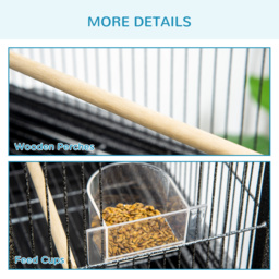 PawHut Avian Abode: Wheeled Metal Cage for Canaries & Parakeets, Wooden Perch, Feeder Tray, Jet Black - Aosom UK - thumbnail 8