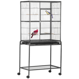 PawHut Avian Abode: Wheeled Metal Cage for Canaries & Parakeets, Wooden Perch, Feeder Tray, Jet Black - Aosom UK - thumbnail 1