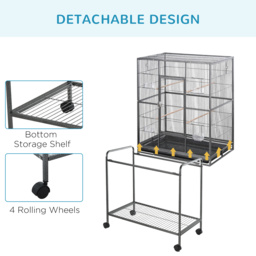 PawHut Avian Abode: Wheeled Metal Cage for Canaries & Parakeets, Wooden Perch, Feeder Tray, Jet Black - Aosom UK - thumbnail 6