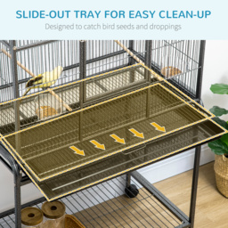 PawHut Avian Abode: Wheeled Metal Cage for Canaries & Parakeets, Wooden Perch, Feeder Tray, Jet Black - Aosom UK - thumbnail 4