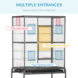 PawHut Avian Abode: Wheeled Metal Cage for Canaries & Parakeets, Wooden Perch, Feeder Tray, Jet Black - Aosom UK - thumbnail 5
