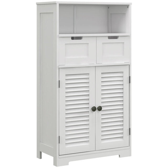 Kleankin Louvred Door Bathroom Storage Unit, Floor Cabinet with Drawers, Open Shelf, Adjustable Shelf, White - Aosom UK - image 1