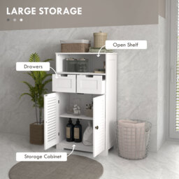 Kleankin Louvred Door Bathroom Storage Unit, Floor Cabinet with Drawers, Open Shelf, Adjustable Shelf, White - Aosom UK - thumbnail 4