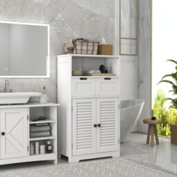 Kleankin Louvred Door Bathroom Storage Unit, Floor Cabinet with Drawers, Open Shelf, Adjustable Shelf, White - Aosom UK - thumbnail 2