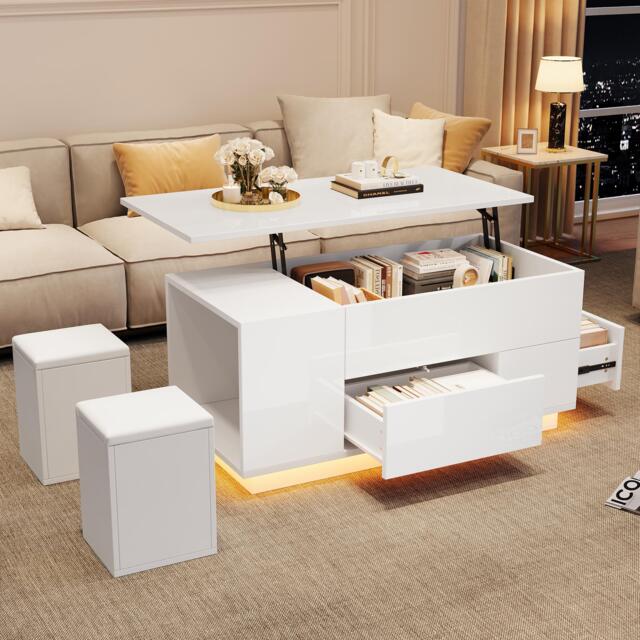 Lift-Top Coffee Table with App-Controlled LED, Sleek White Center Table with 2 Storage Ottomans, 100L x 50W x 45H cm, White - Aosom UK - image 1