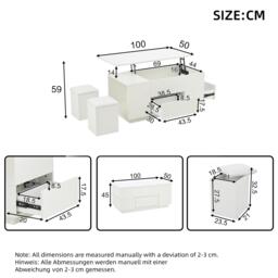 Lift-Top Coffee Table with App-Controlled LED, Sleek White Center Table with 2 Storage Ottomans, 100L x 50W x 45H cm, White - Aosom UK - thumbnail 3