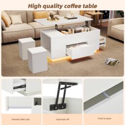 Lift-Top Coffee Table with App-Controlled LED, Sleek White Center Table with 2 Storage Ottomans, 100L x 50W x 45H cm, White - Aosom UK - thumbnail 6