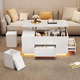 Lift-Top Coffee Table with App-Controlled LED, Sleek White Center Table with 2 Storage Ottomans, 100L x 50W x 45H cm, White - Aosom UK - thumbnail 8
