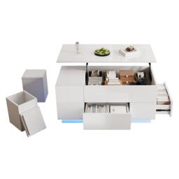 Lift-Top Coffee Table with App-Controlled LED, Sleek White Center Table with 2 Storage Ottomans, 100L x 50W x 45H cm, White - Aosom UK - thumbnail 2