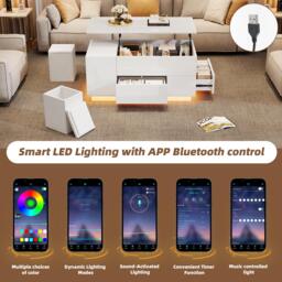 Lift-Top Coffee Table with App-Controlled LED, Sleek White Center Table with 2 Storage Ottomans, 100L x 50W x 45H cm, White - Aosom UK - thumbnail 4