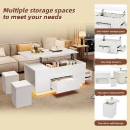 Lift-Top Coffee Table with App-Controlled LED, Sleek White Center Table with 2 Storage Ottomans, 100L x 50W x 45H cm, White - Aosom UK - thumbnail 7