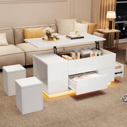 Lift-Top Coffee Table with App-Controlled LED, Sleek White Center Table with 2 Storage Ottomans, 100L x 50W x 45H cm, White - Aosom UK - thumbnail 1