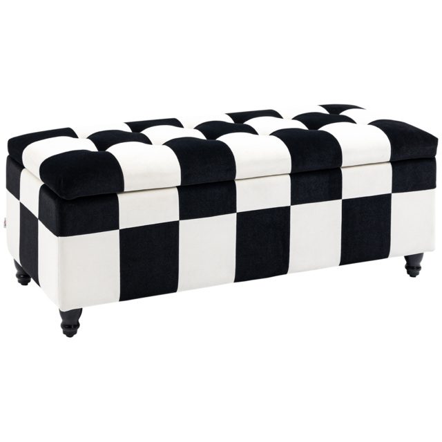 HOMCOM Ottoman Storage Box Storage Rubberwood Frame Long Ottoman Storge Velvet Storage Ottoman 114 x 47 x 47cm, White and Black - Aosom UK - image 1