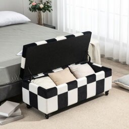 HOMCOM Ottoman Storage Box Storage Rubberwood Frame Long Ottoman Storge Velvet Storage Ottoman 114 x 47 x 47cm, White and Black - Aosom UK - thumbnail 8