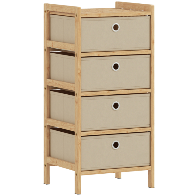 HOMCOM Chest of Drawers, 4 Fabric Drawers Narrow Dresser with Bamboo Frame, Cream White - image 1