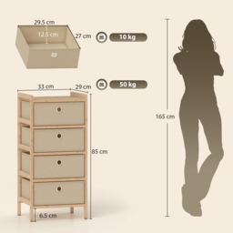 HOMCOM Chest of Drawers, 4 Fabric Drawers Narrow Dresser with Bamboo Frame, Cream White - thumbnail 3