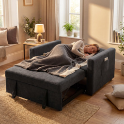 HOMCOM Loveseat Sofa Bed, Convertible Bed Settee with 2 Pillows, Side Pockets, Black - thumbnail 8