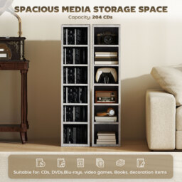HOMCOM Set of 2 CD Media Display Shelf Unit Tower Rack with Adjustable Shelves, Grey - thumbnail 4
