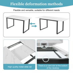 Telescopic Oblong Dining Table with Iron Metal Legs, MDF Marble Top, Extendable Table for Dining Room, Living Room, 180x80x75 cm, White - Aosom.UK - thumbnail 4