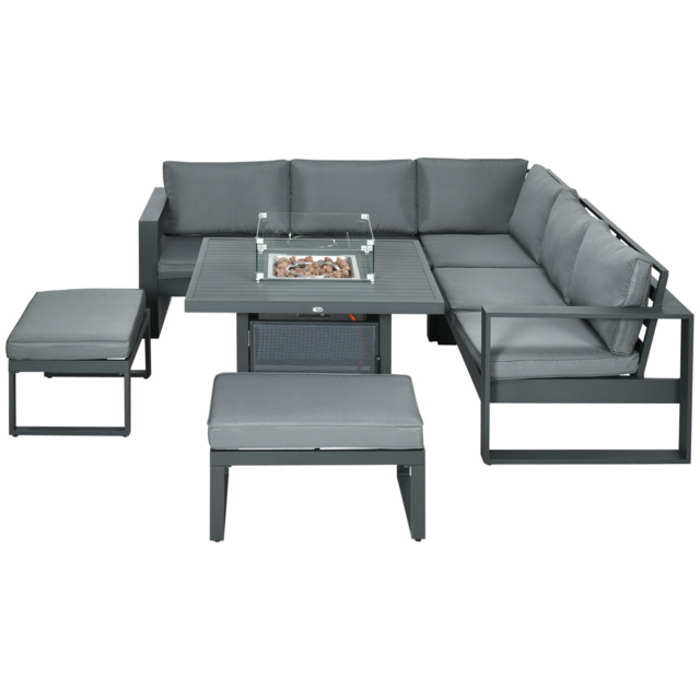 Outsunny 6-Piece Aluminium Garden Furniture Set, Outdoor Corner Sofa, Loveseat, Footstool, Sectional with Gas Fire Pit Table, Grey - Aosom UK - image 1