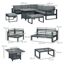 Outsunny 6-Piece Aluminium Garden Furniture Set, Outdoor Corner Sofa, Loveseat, Footstool, Sectional with Gas Fire Pit Table, Grey - Aosom UK - thumbnail 3