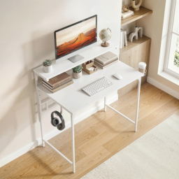 HOMCOM Computer Desk, 80cm Home Office Study Table with Hutch Shelf, Cup Holder, Headphone Hook, White - thumbnail 2