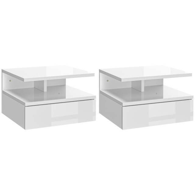 HOMCOM Set of Two Floating High Gloss Bedside Tables - White - Aosom UK - image 1