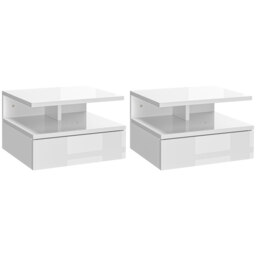 HOMCOM Set of Two Floating High Gloss Bedside Tables - White - Aosom UK