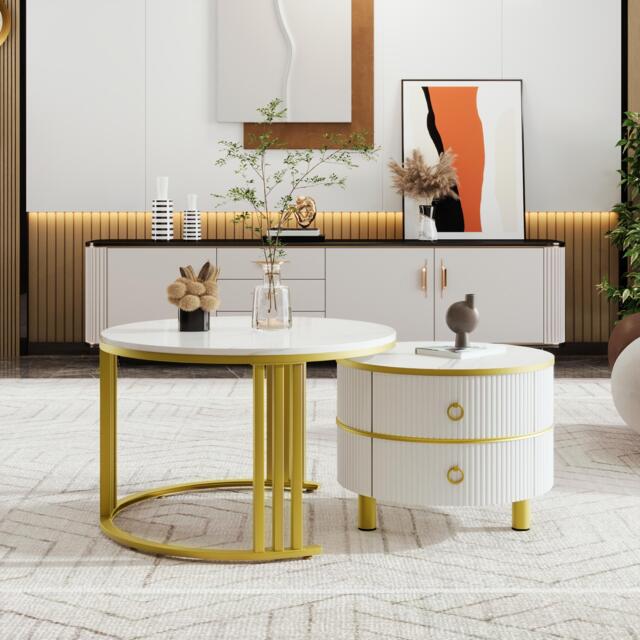2-In-1 Round Coffee Table Set with High-Gloss Tops, Space-Saving Center Table Set with 2 Drawers, 70L x 70W x 46H cm, White - Aosom UK - image 1