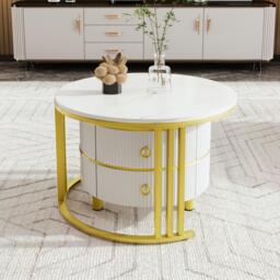 2-In-1 Round Coffee Table Set with High-Gloss Tops, Space-Saving Center Table Set with 2 Drawers, 70L x 70W x 46H cm, White - Aosom UK - thumbnail 4