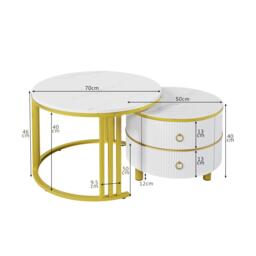 2-In-1 Round Coffee Table Set with High-Gloss Tops, Space-Saving Center Table Set with 2 Drawers, 70L x 70W x 46H cm, White - Aosom UK - thumbnail 3