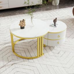 2-In-1 Round Coffee Table Set with High-Gloss Tops, Space-Saving Center Table Set with 2 Drawers, 70L x 70W x 46H cm, White - Aosom UK - thumbnail 5