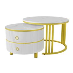 2-In-1 Round Coffee Table Set with High-Gloss Tops, Space-Saving Center Table Set with 2 Drawers, 70L x 70W x 46H cm, White - Aosom UK - thumbnail 9