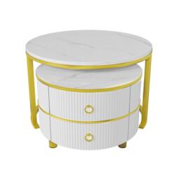 2-In-1 Round Coffee Table Set with High-Gloss Tops, Space-Saving Center Table Set with 2 Drawers, 70L x 70W x 46H cm, White - Aosom UK - thumbnail 2