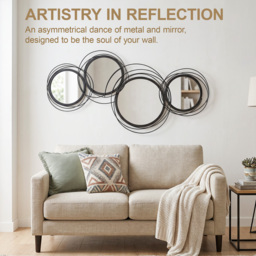 HOMCOM Metal Wall Art 56cm Modern Decorative Mirror Decor for Living Room Bedroom Dining Room, Black - thumbnail 4