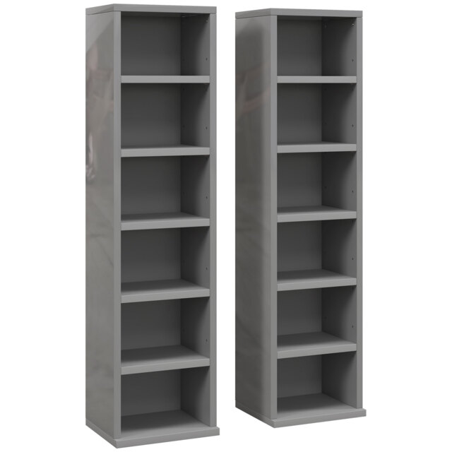 HOMCOM Set of 2 CD Media Display Shelf Unit Tower Rack with Adjustable Shelves, High Gloss Grey - image 1