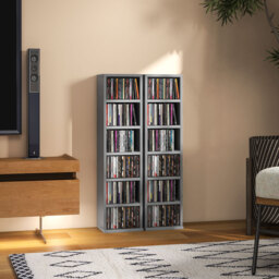 HOMCOM Set of 2 CD Media Display Shelf Unit Tower Rack with Adjustable Shelves, High Gloss Grey - thumbnail 9