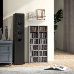 HOMCOM Set of 2 CD Media Display Shelf Unit Tower Rack with Adjustable Shelves, High Gloss Grey - thumbnail 2