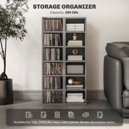 HOMCOM Set of 2 CD Media Display Shelf Unit Tower Rack with Adjustable Shelves, High Gloss Grey - thumbnail 4