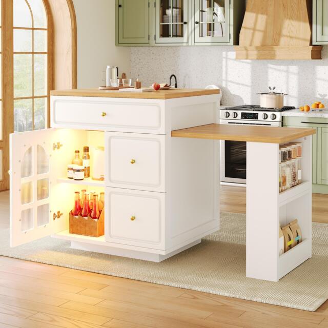 Extendable Kitchen Island with LED Colour Lighting, Space-Saving Dining Bar with 4 Drawers and Open Shelf, 195.5L x 70W x 93.5H cm, White - Aosom UK - image 1